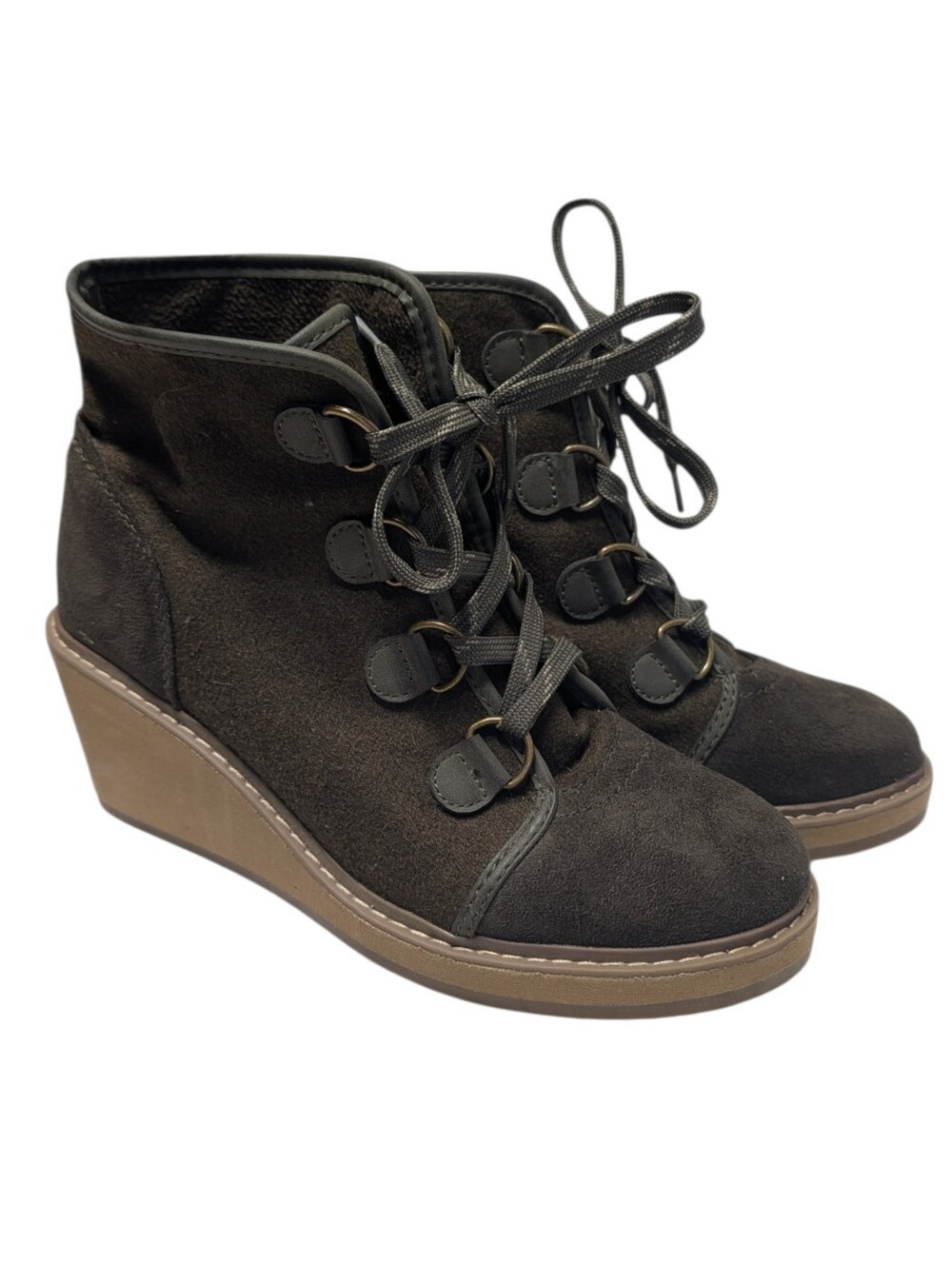 Merona Women's Green Faux Suede Lace Up Wedge Ankle Bootie Fleece Lined Size 10